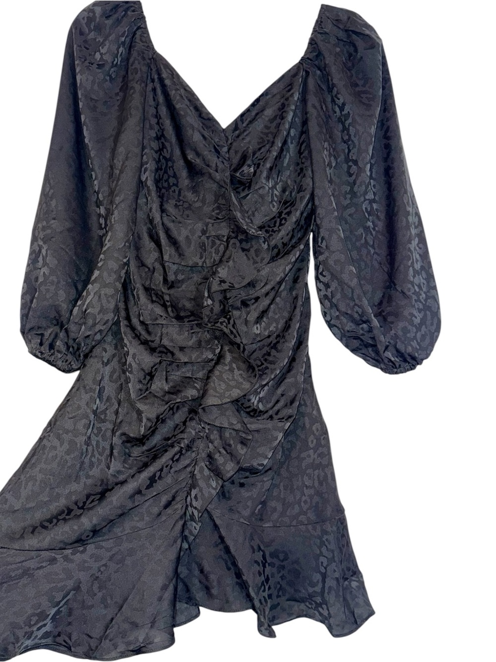She+Sky Black Ruched VNeck Puff Sleeve Leopard Print Dress, NEW WITH TAGS, SMALL - Picture 3 of 7